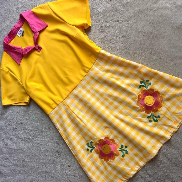 Unique Vintage Dresses & Skirts - Unique Vintage x Smiley Daisy Gingham Retro Mod 60s Collared Dress Yellow Pink
